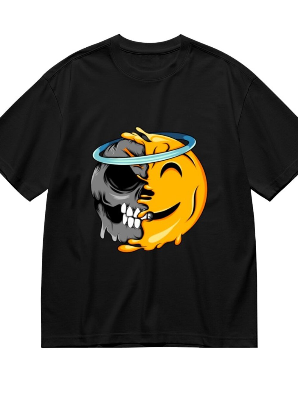 Black Short Sleeve Graphic Tee with Split Skull & Smiley Design - Picture 3 of 5